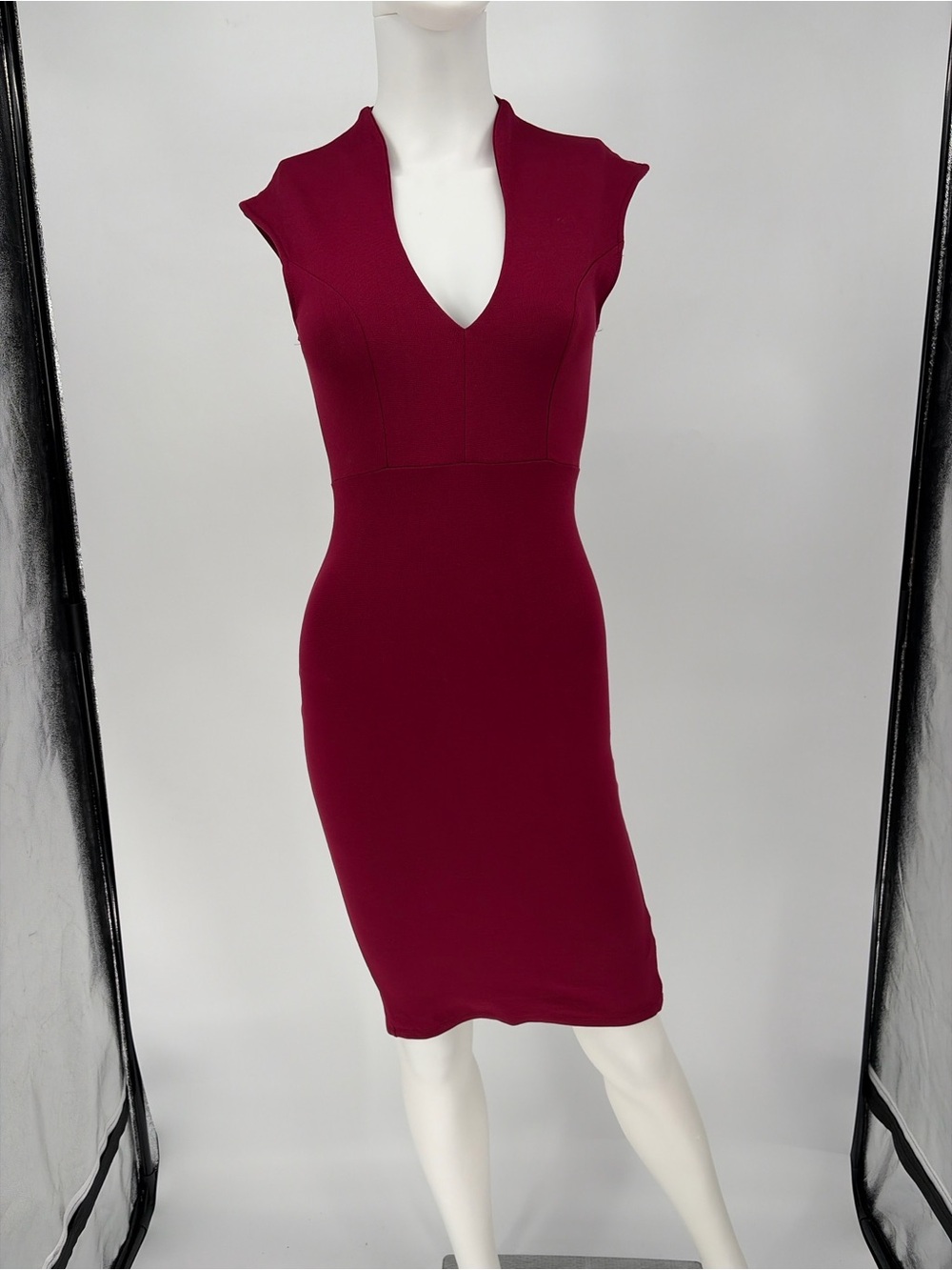 maitai Wine-Red V-Neck Cap Sleeve Midi Dress